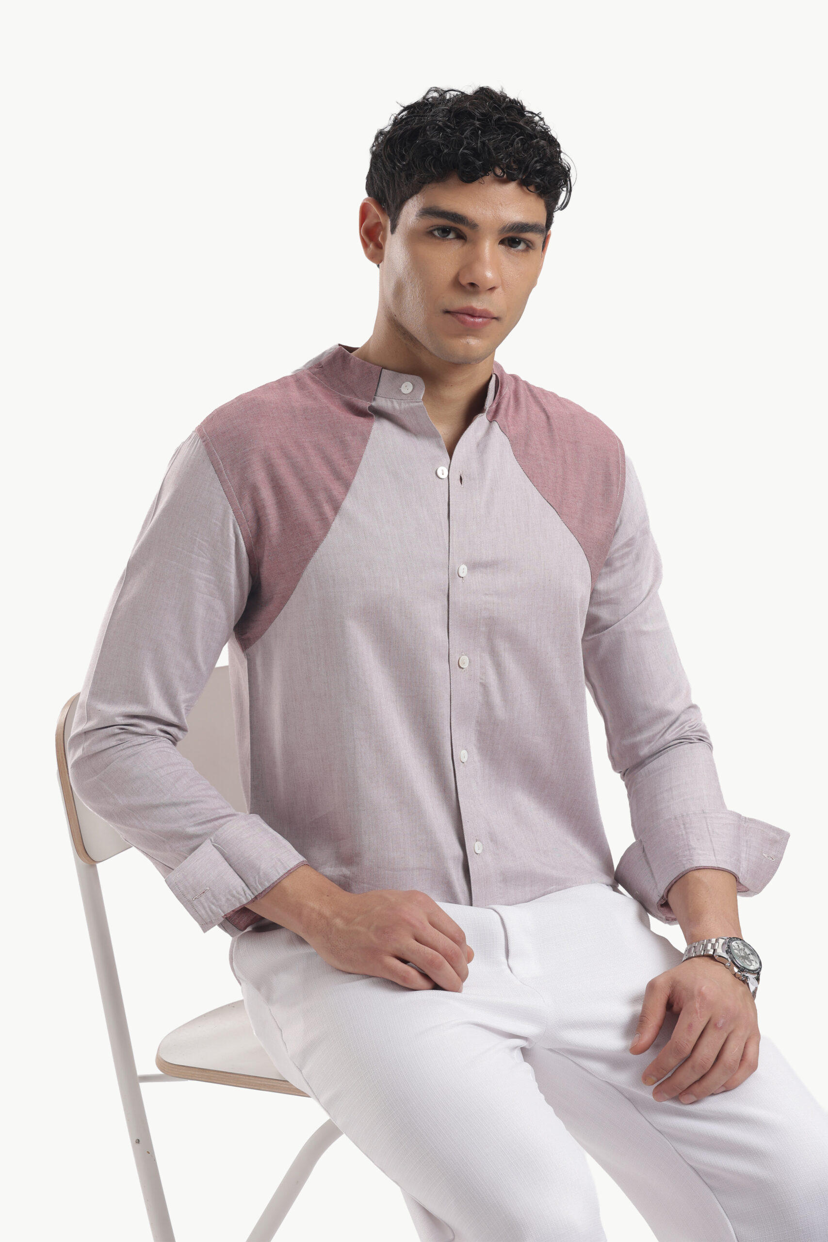 Muted Taupe Collar Block Band Collar Shirt - Image 11