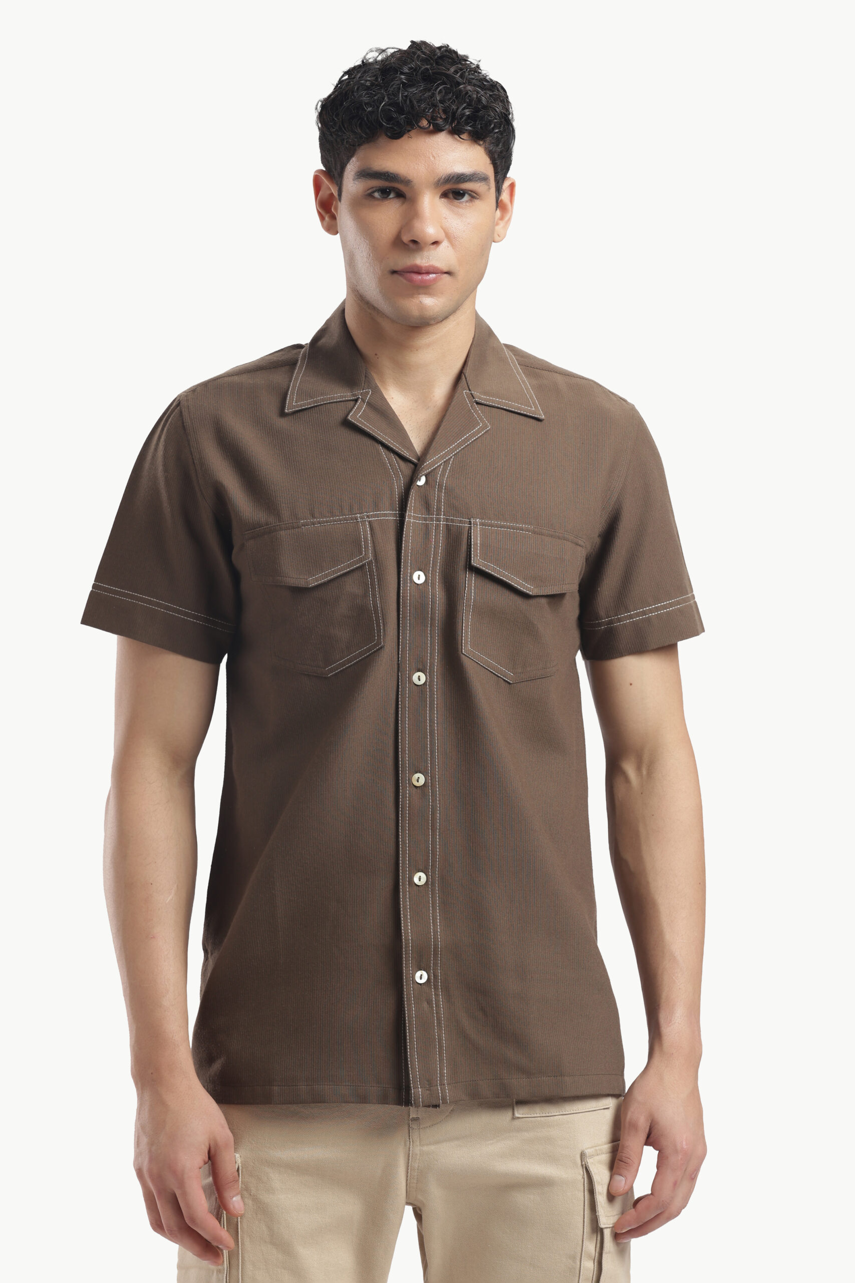 Brown Cuban Collar Short Sleeve Shirt