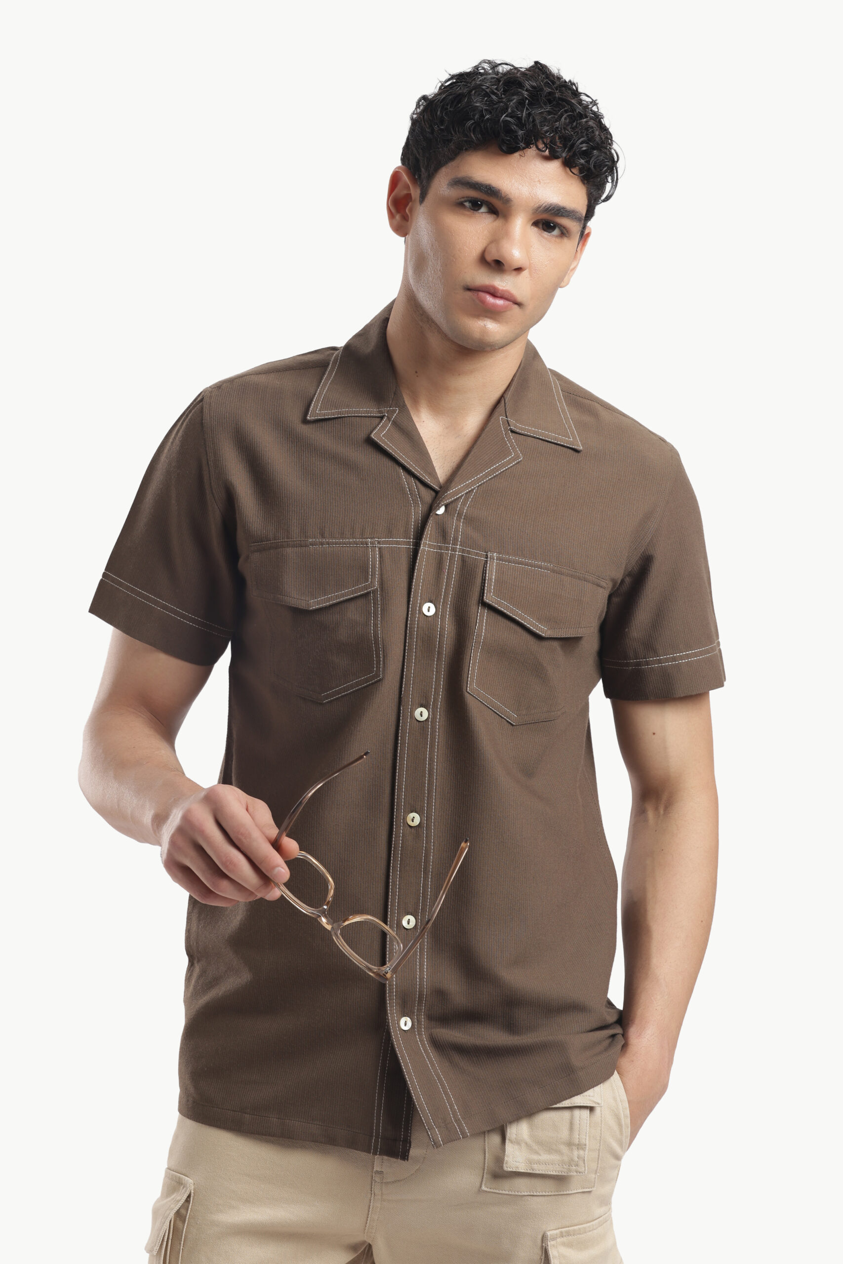 Brown Cuban Collar Short Sleeve Shirt - Image 6