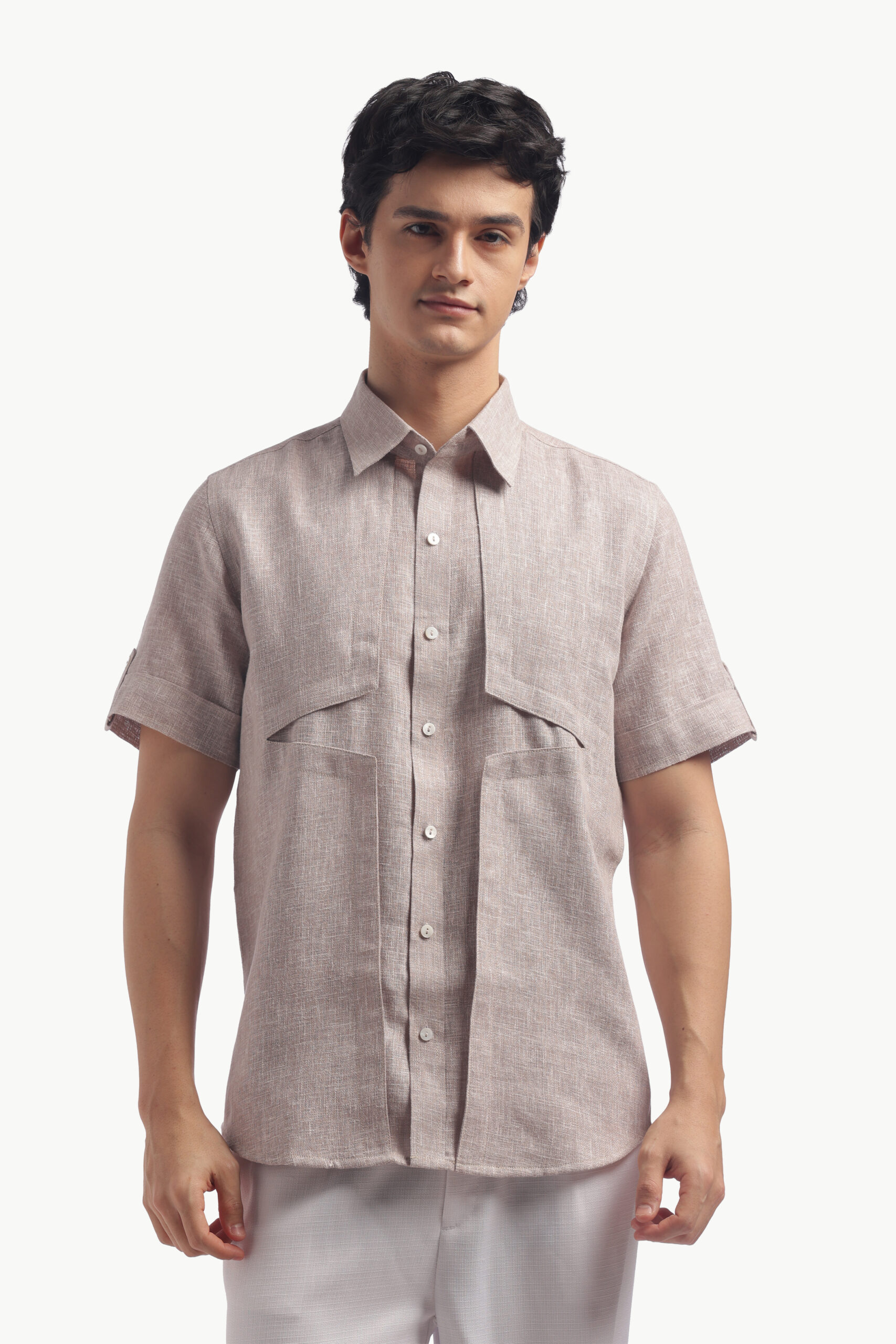 Taupe Short Sleeve Linen Shirt - Image 3