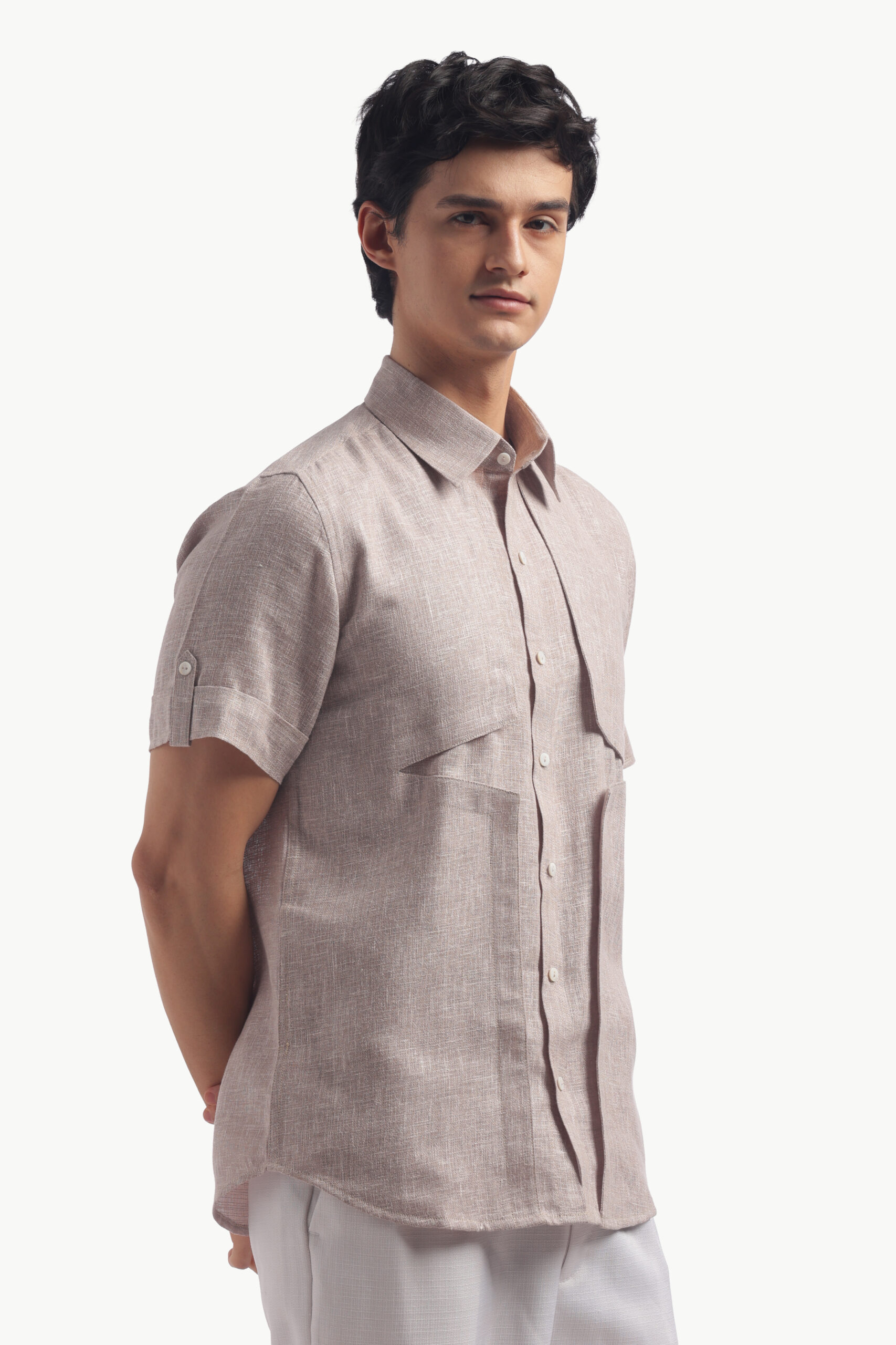 Taupe Short Sleeve Linen Shirt - Image 4