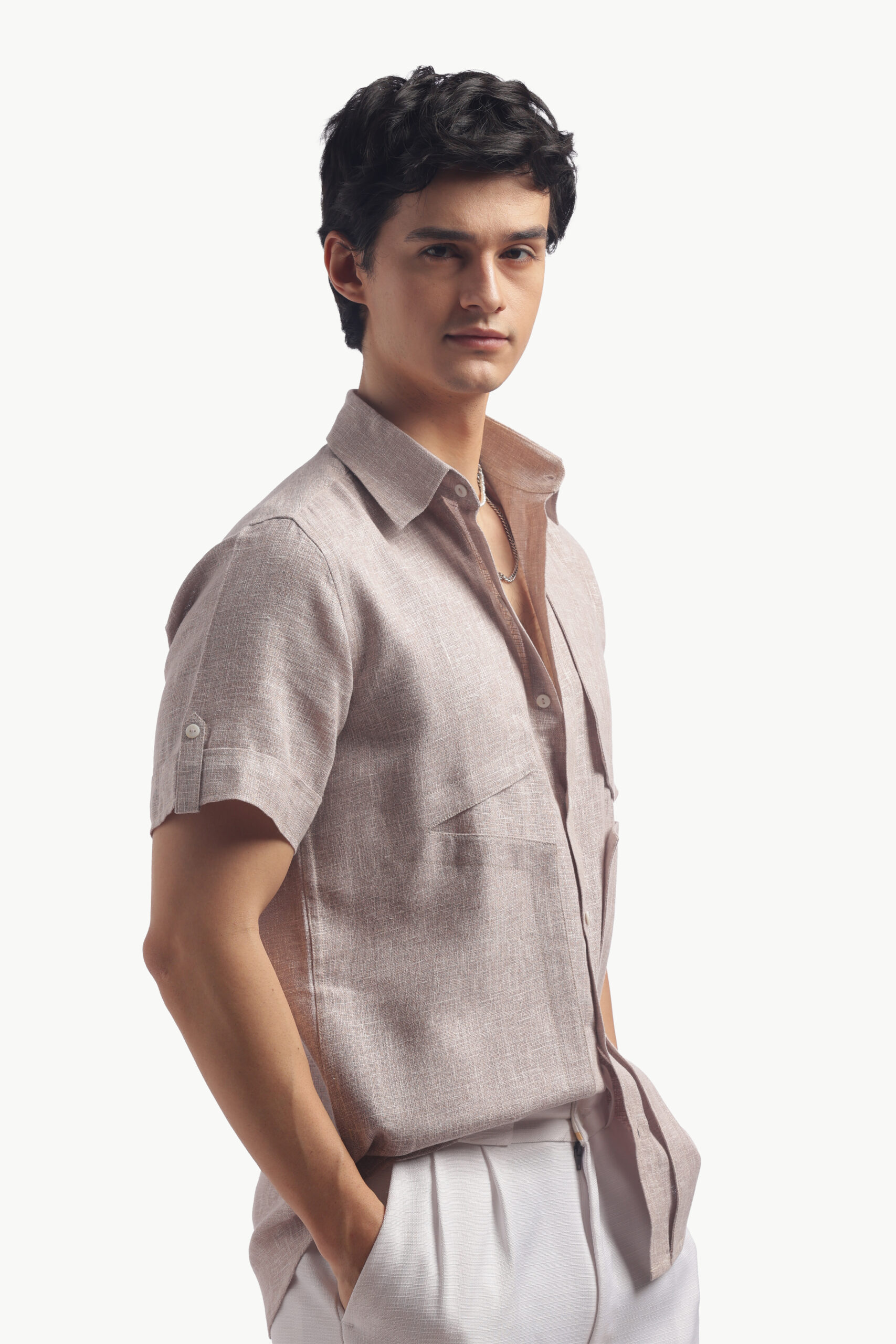 Taupe Short Sleeve Linen Shirt - Image 8