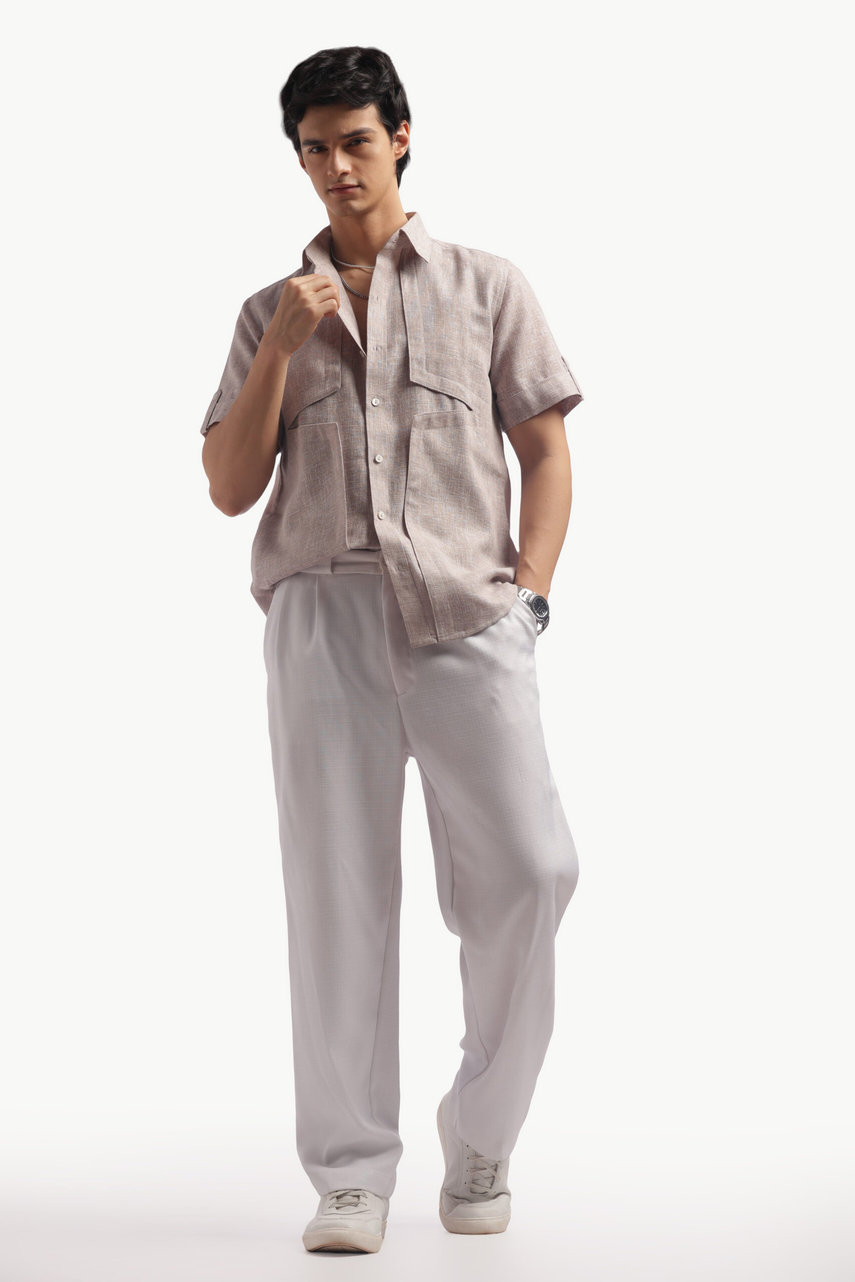 Taupe Short Sleeve Linen Shirt - Image 9
