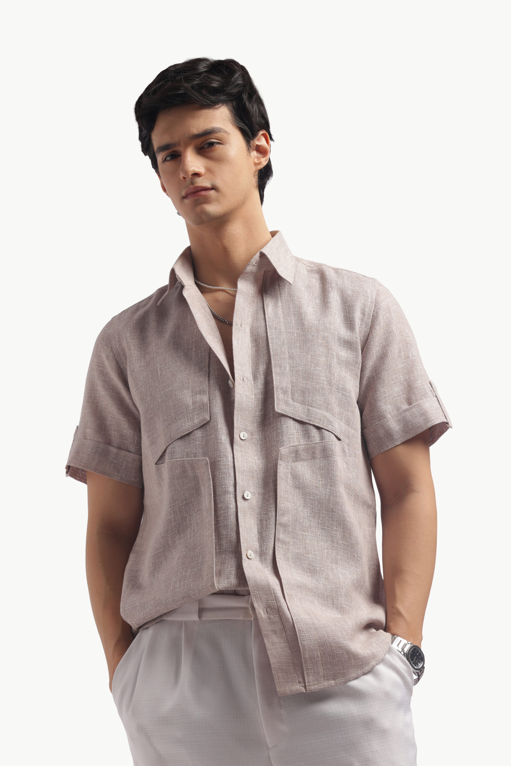 Taupe Short Sleeve Linen Shirt - Image 10