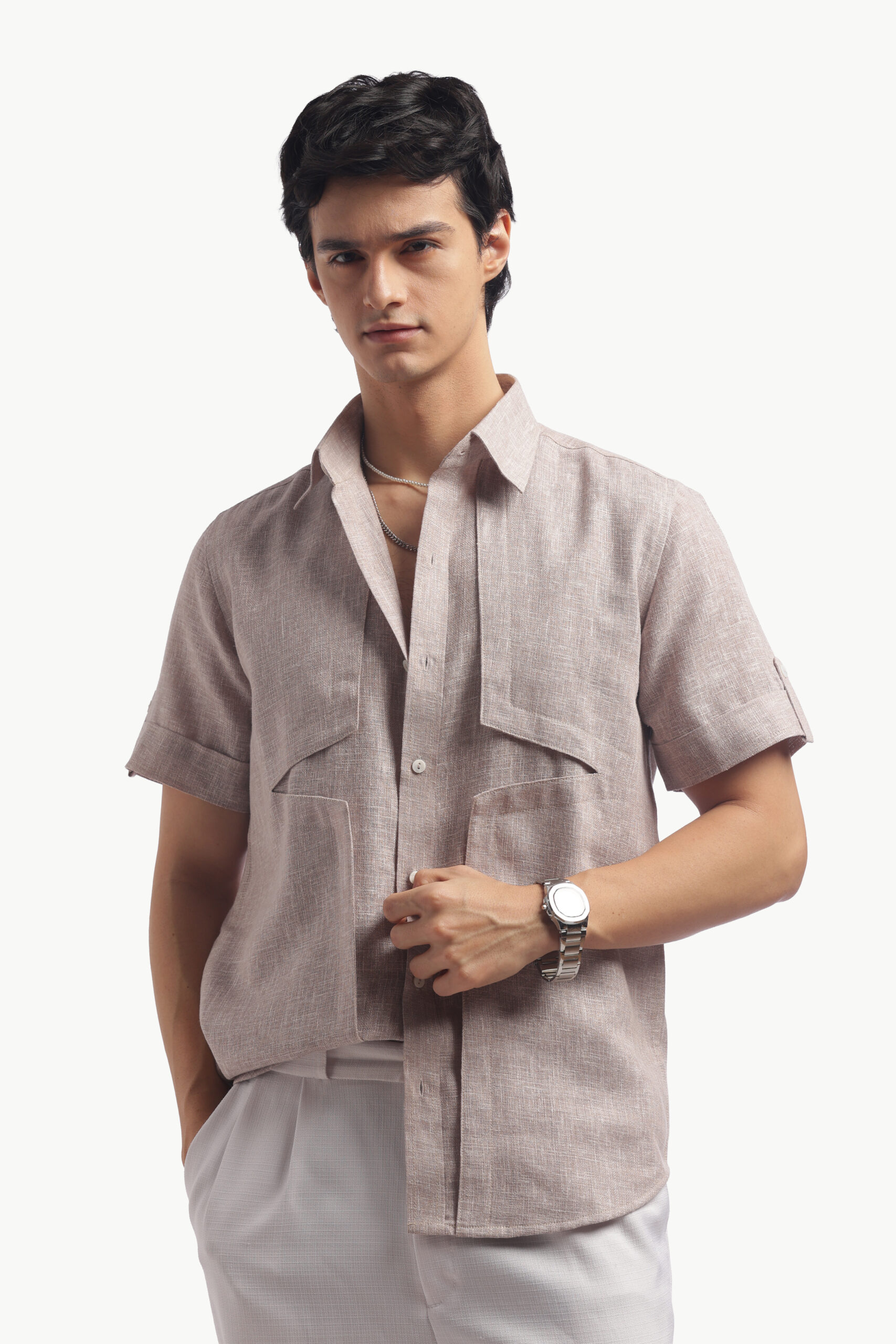 Taupe Short Sleeve Linen Shirt - Image 11