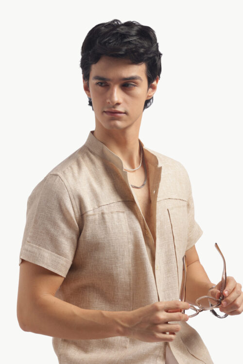 Chinese Collar Short Sleeve Linen Shirt