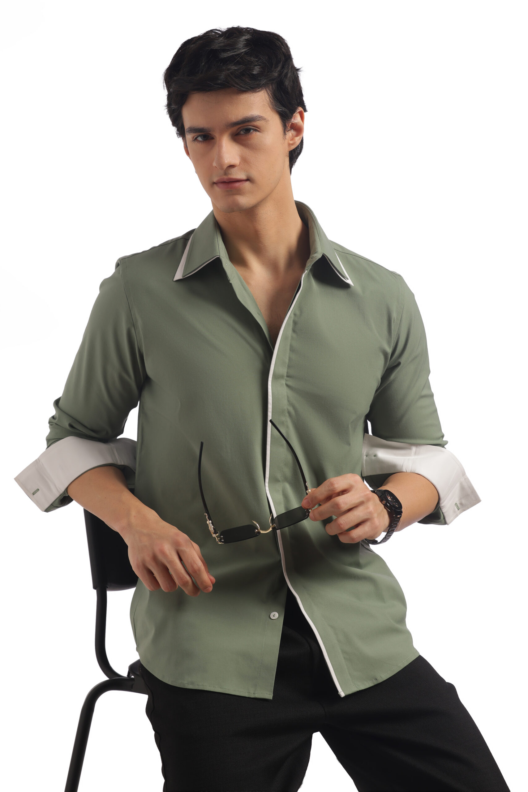 Muted Green Double Collar Shirt - Image 11