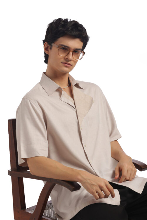 Light Beige Loose Fit Short Sleeve Shirt