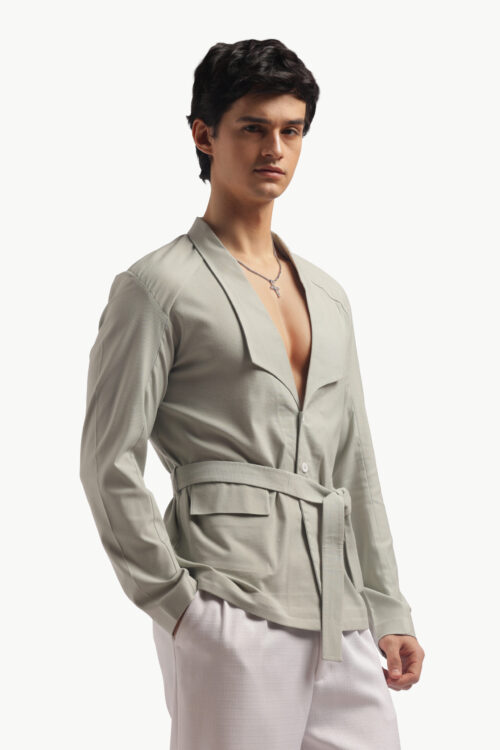 Pastel Green Blazer Collar Belted Shirt