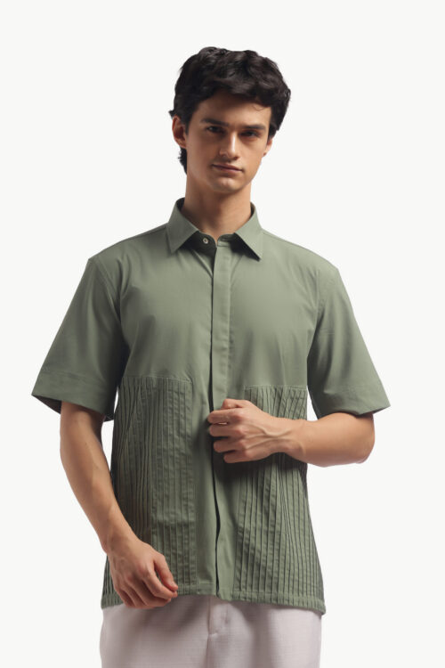 Muted Green Loose Fit Pintucks Shirt